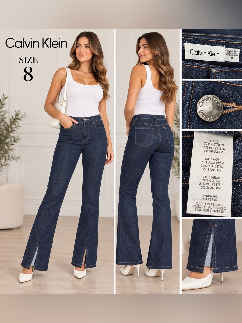 Calvin Klein Dark Blue High-Rise Flare Jeans with Front Slit Sz 8